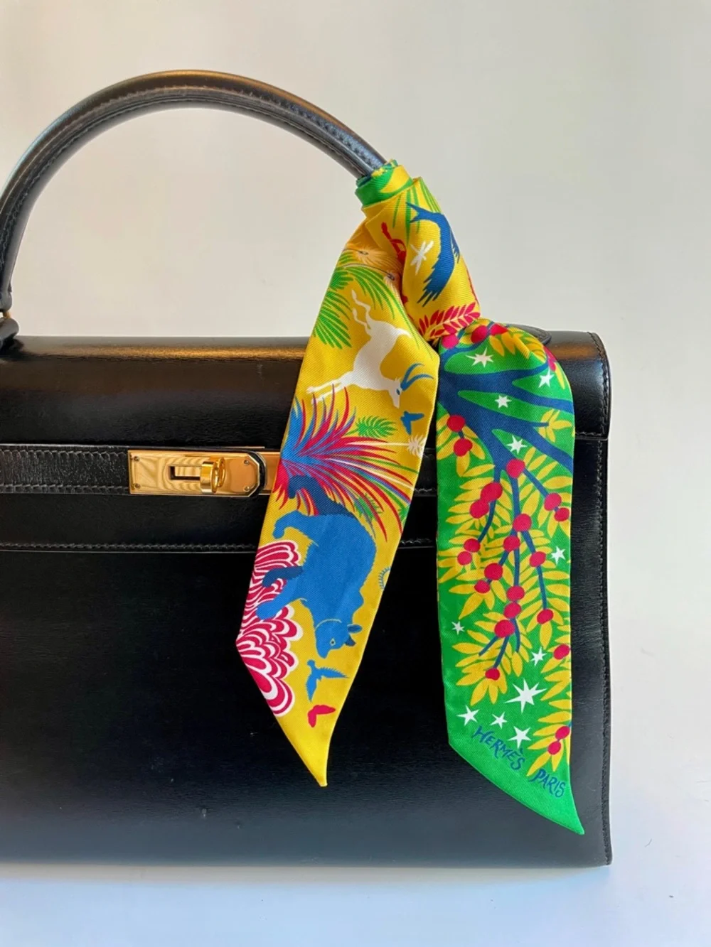 Hermès Set of 2 Twilly Scarves 100% Silk | Le Charme D’Orphee | Yellow & Green - Picture 7 of 8